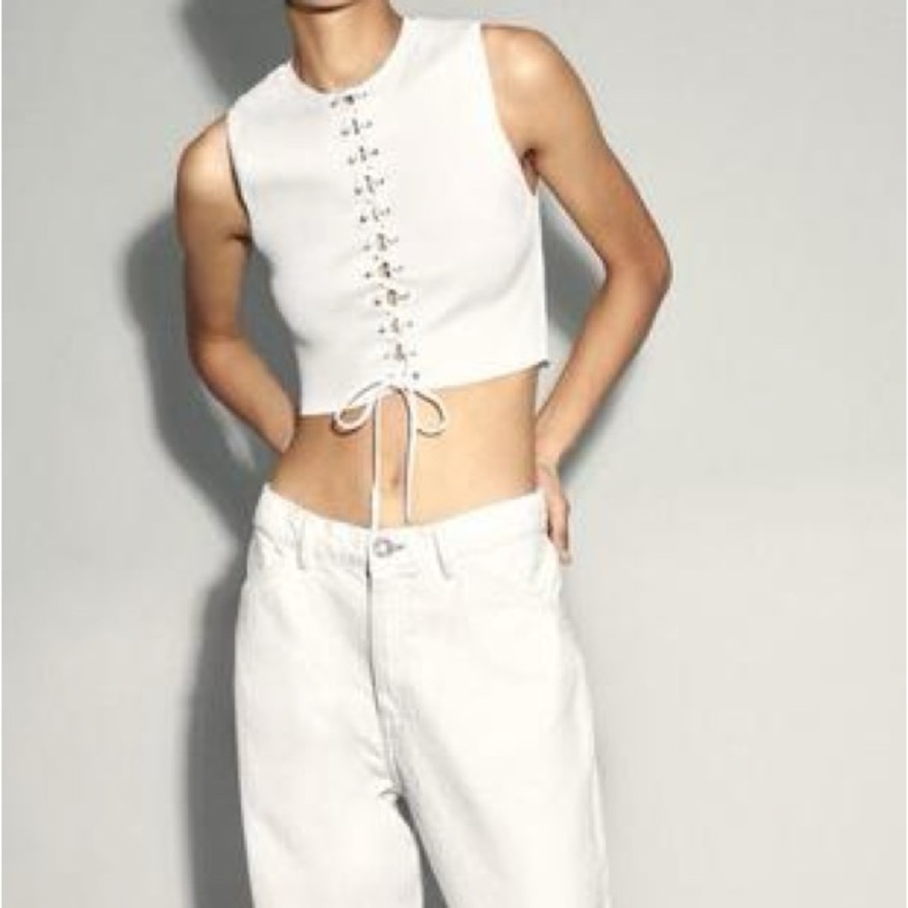 Zara Off-White Lace-Up Crop Top